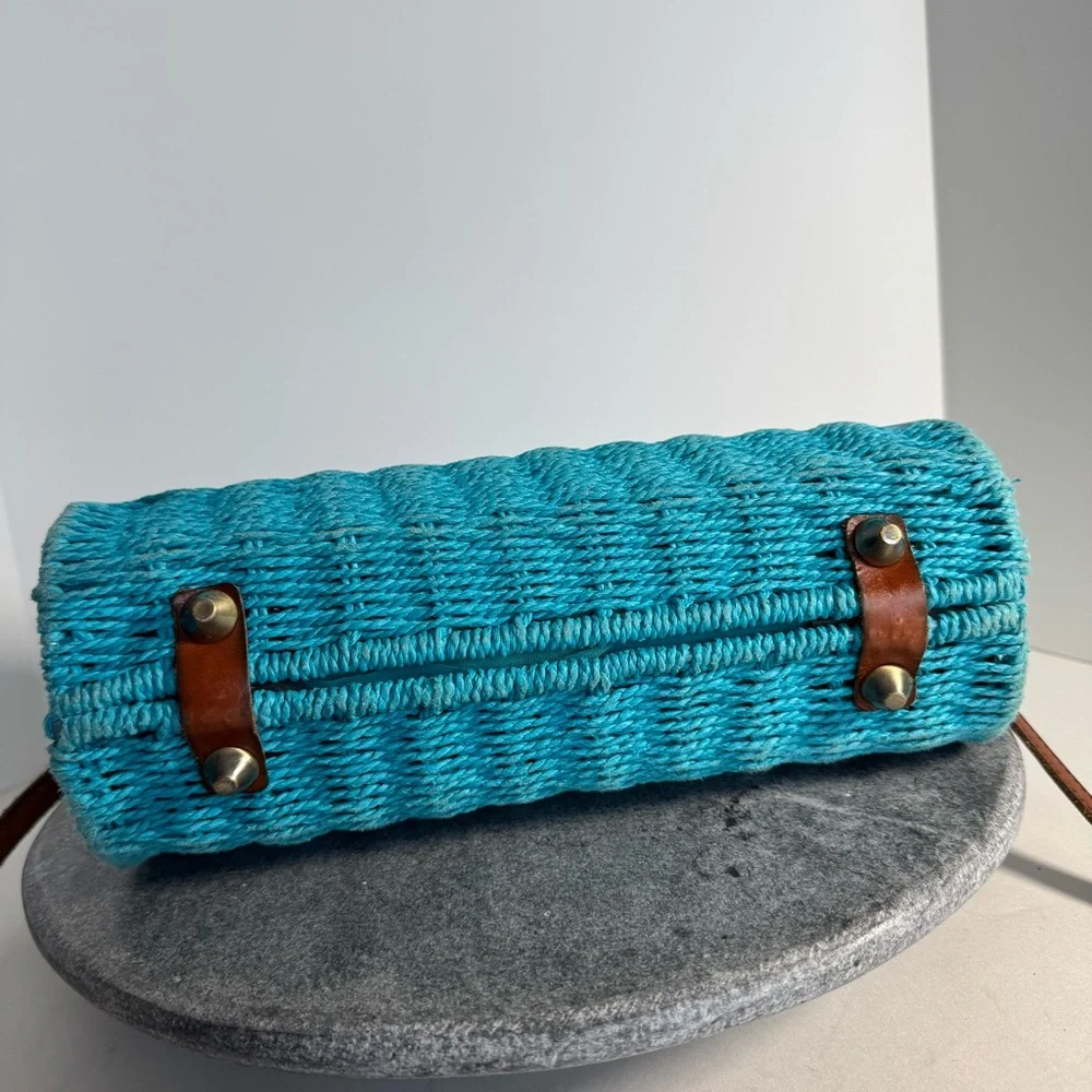 Patricia Nash Bonella Crossbody Wicker Blue Purse Bag Leather Strap